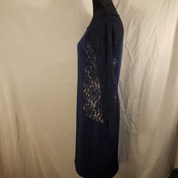 ENFOCUS Studio Knit Navy Blue with Lace Sleeves & Overlay Dress - 10 - Picture 2 of 4